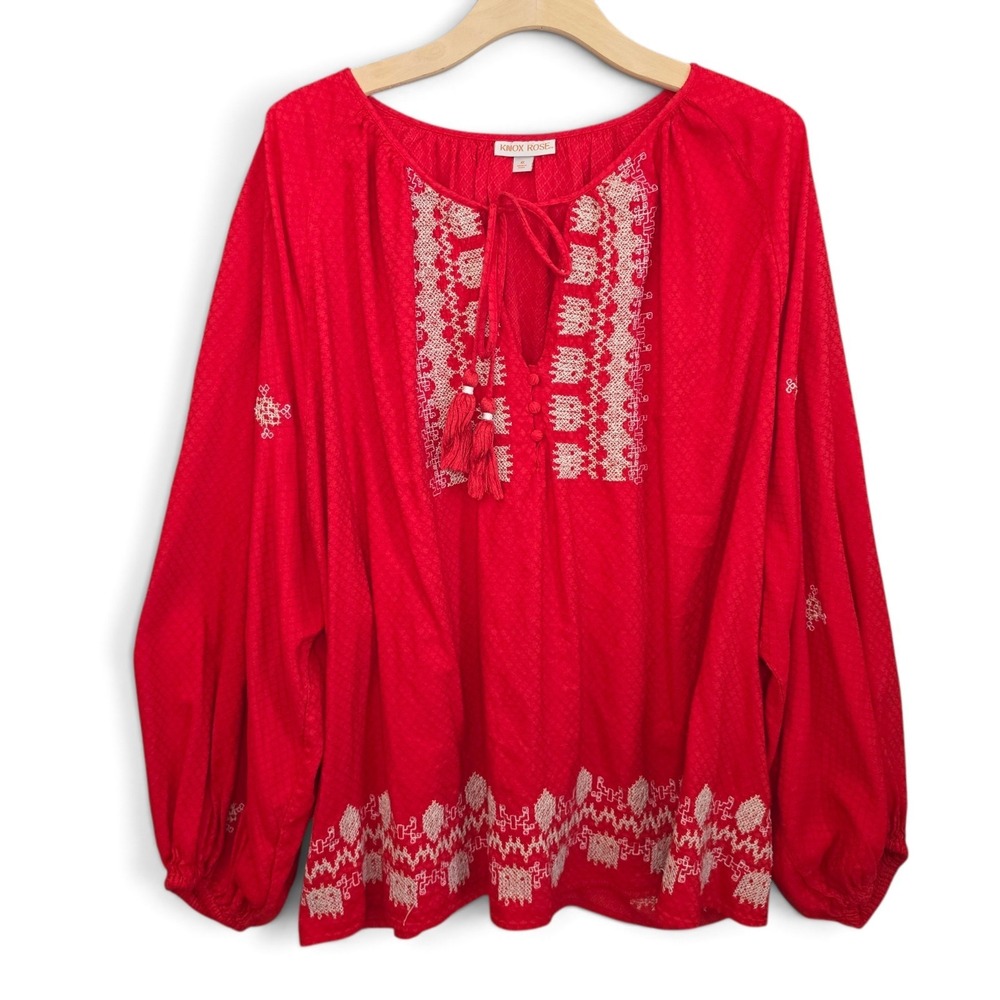Knox Rose Top Womens Plus 4X Plus Peasant Blouse Red Embroidered Boho Tassel